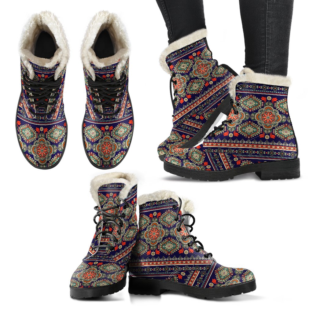 Ethnic Geometric Print Pattern Faux Fur Leather Boots-JTAMIGO.COM