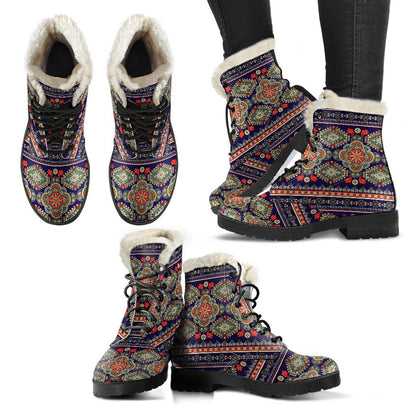 Ethnic Geometric Print Pattern Faux Fur Leather Boots-JTAMIGO.COM