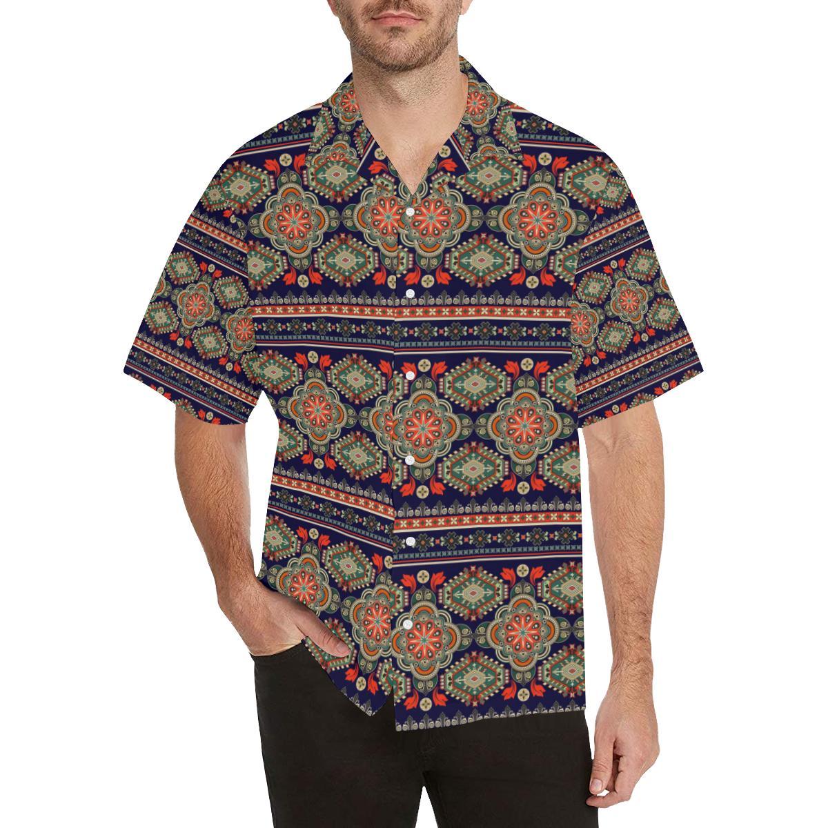 Ethnic Geometric Print Pattern Men Aloha Hawaiian Shirt