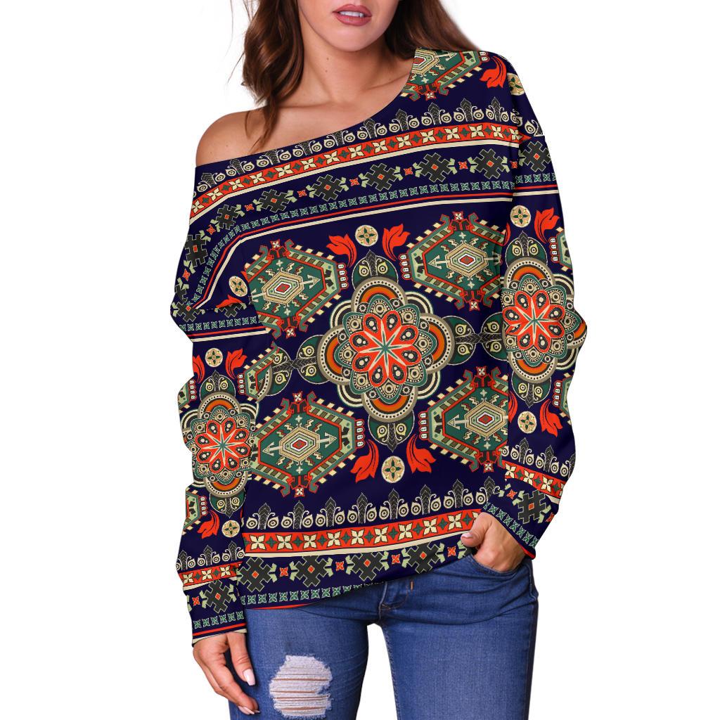 Ethnic Geometric Print Pattern Off Shoulder Sweatshirt