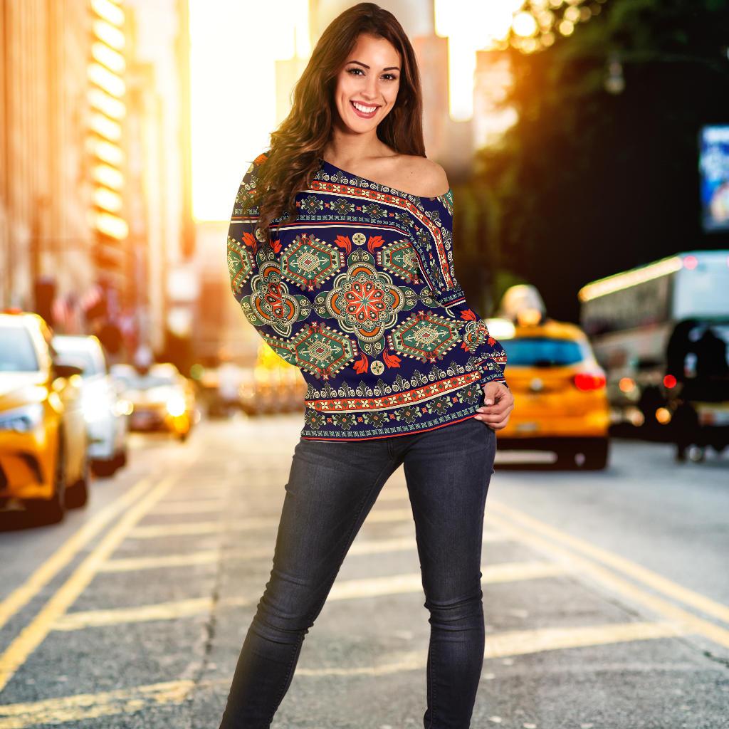 Ethnic Geometric Print Pattern Off Shoulder Sweatshirt