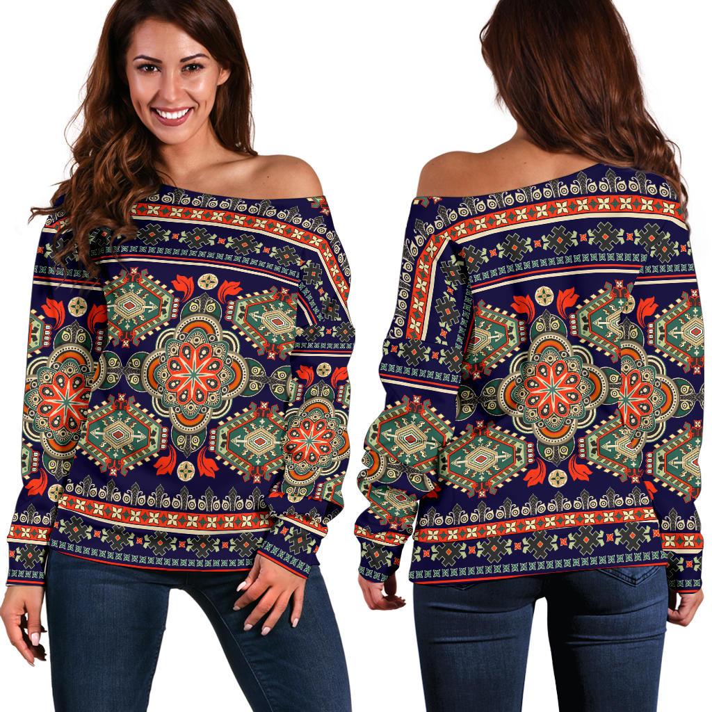 Ethnic Geometric Print Pattern Off Shoulder Sweatshirt