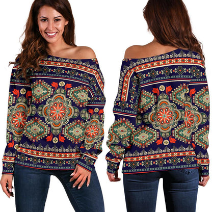 Ethnic Geometric Print Pattern Off Shoulder Sweatshirt