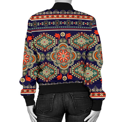 Ethnic Geometric Print Pattern Women Casual Bomber Jacket