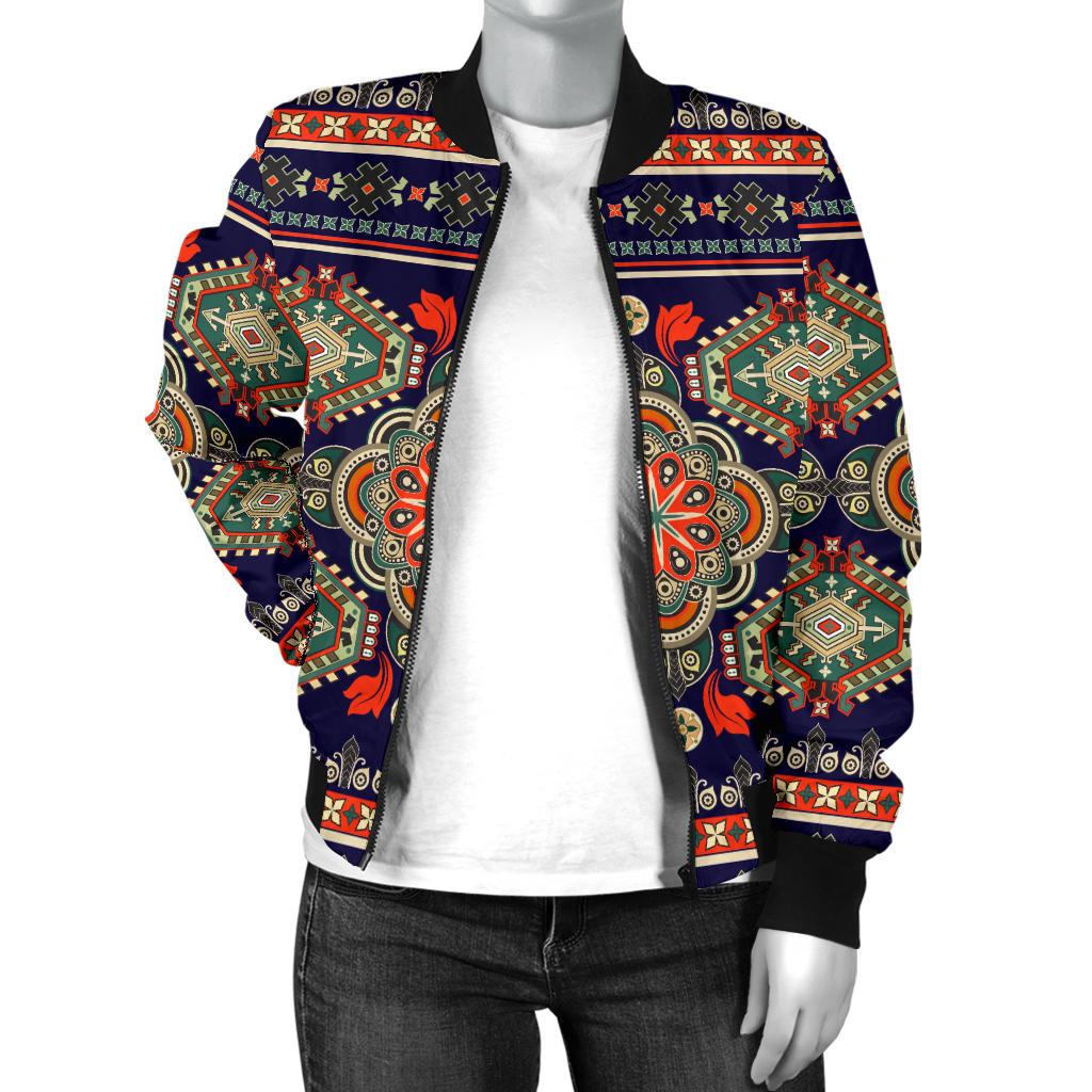 Ethnic Geometric Print Pattern Women Casual Bomber Jacket