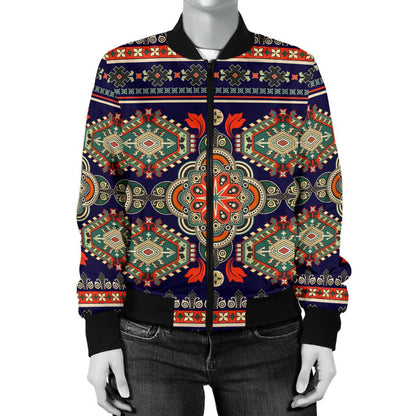 Ethnic Geometric Print Pattern Women Casual Bomber Jacket