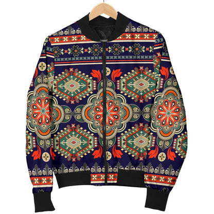 Ethnic Geometric Print Pattern Women Casual Bomber Jacket