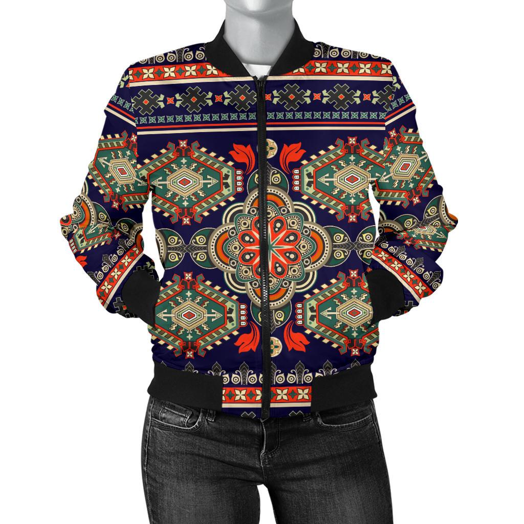 Ethnic Geometric Print Pattern Women Casual Bomber Jacket