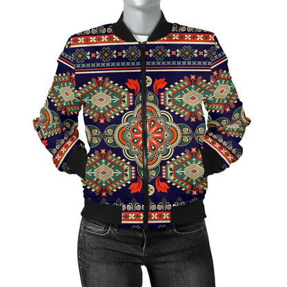 Ethnic Geometric Print Pattern Women Casual Bomber Jacket