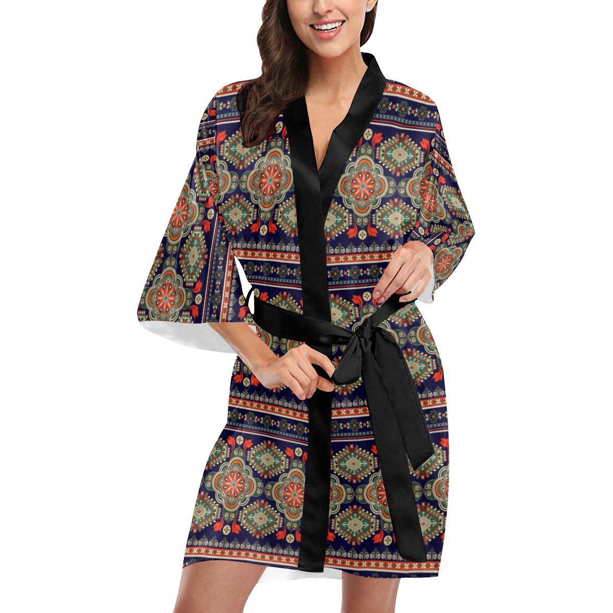 Ethnic Geometric Print Pattern Women Short Kimono Robe
