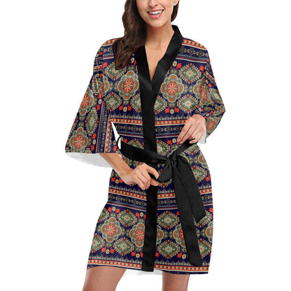 Ethnic Geometric Print Pattern Women Short Kimono Robe