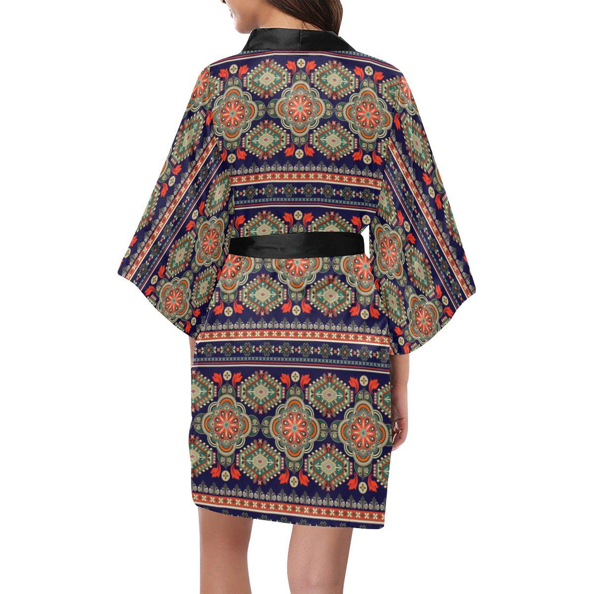Ethnic Geometric Print Pattern Women Short Kimono Robe