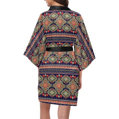 Ethnic Geometric Print Pattern Women Short Kimono Robe