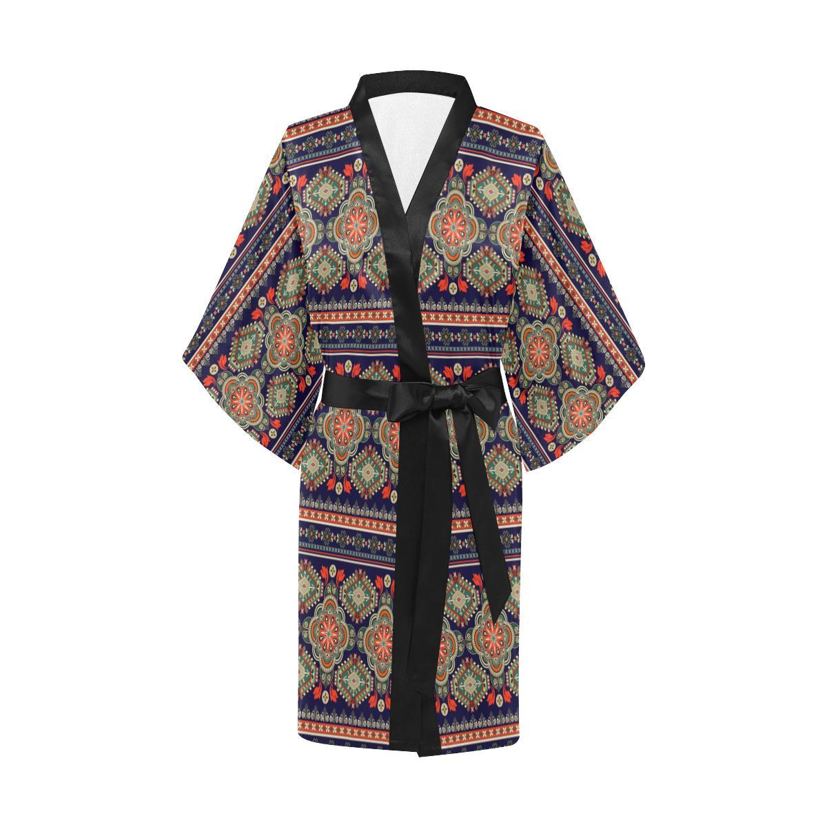 Ethnic Geometric Print Pattern Women Short Kimono Robe