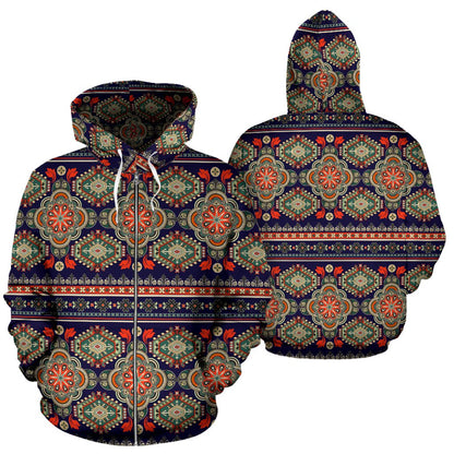 Ethnic Geometric Print Pattern Zip Up Hoodie