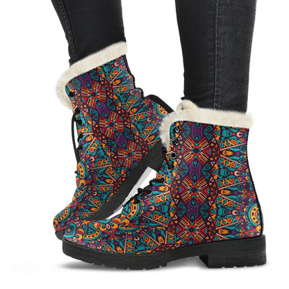 Ethnic Style Print Pattern Faux Fur Leather Boots-JTAMIGO.COM