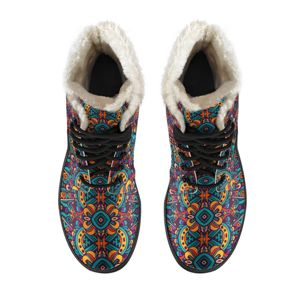 Ethnic Style Print Pattern Faux Fur Leather Boots-JTAMIGO.COM