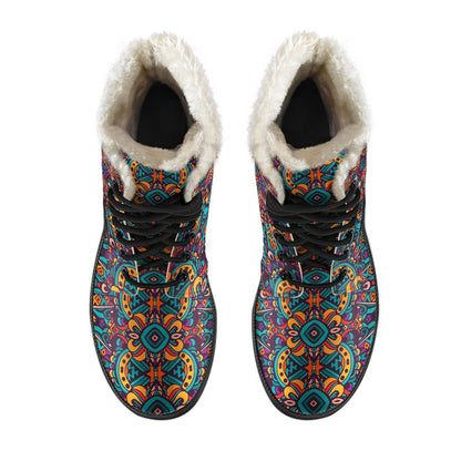 Ethnic Style Print Pattern Faux Fur Leather Boots-JTAMIGO.COM
