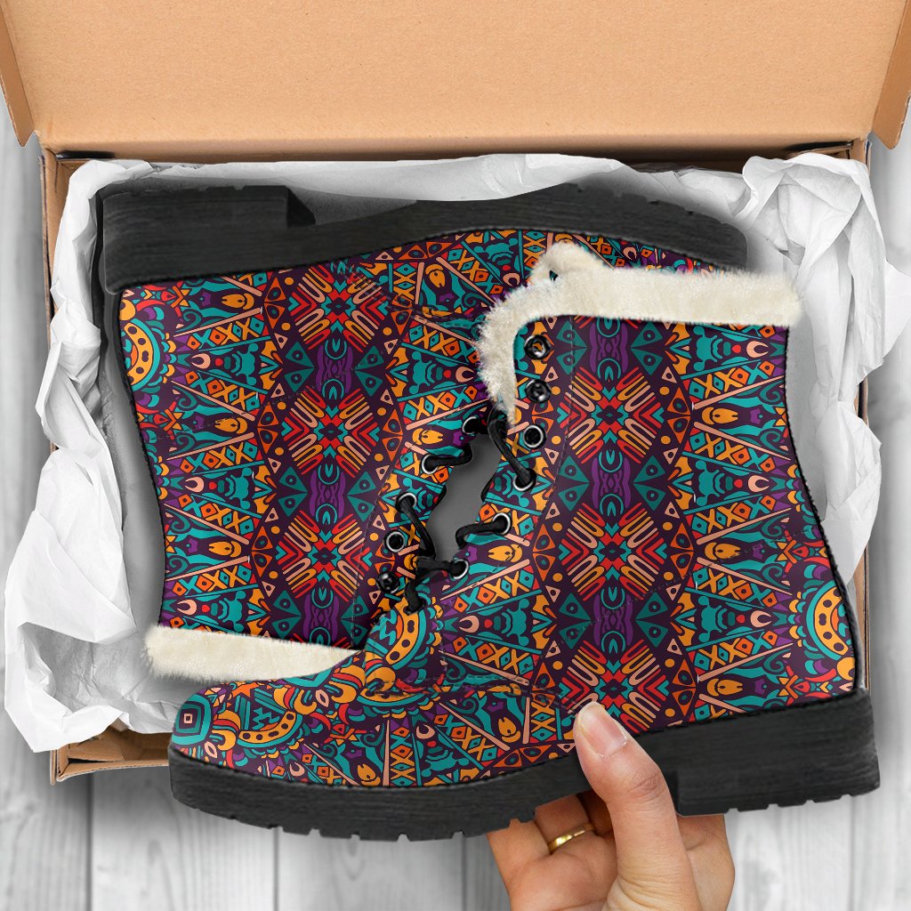 Ethnic Style Print Pattern Faux Fur Leather Boots-JTAMIGO.COM