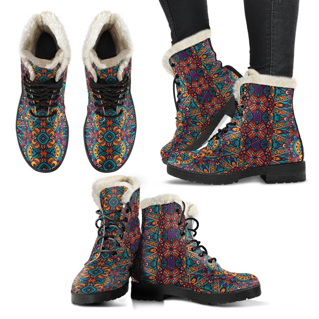 Ethnic Style Print Pattern Faux Fur Leather Boots-JTAMIGO.COM