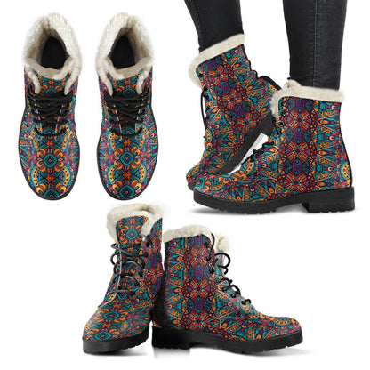 Ethnic Style Print Pattern Faux Fur Leather Boots-JTAMIGO.COM
