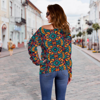 Ethnic Style Print Pattern Off Shoulder Sweatshirt