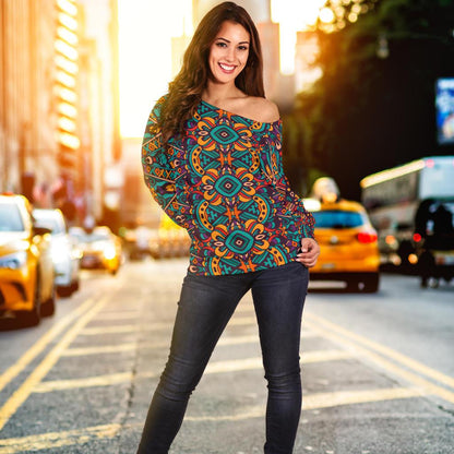 Ethnic Style Print Pattern Off Shoulder Sweatshirt
