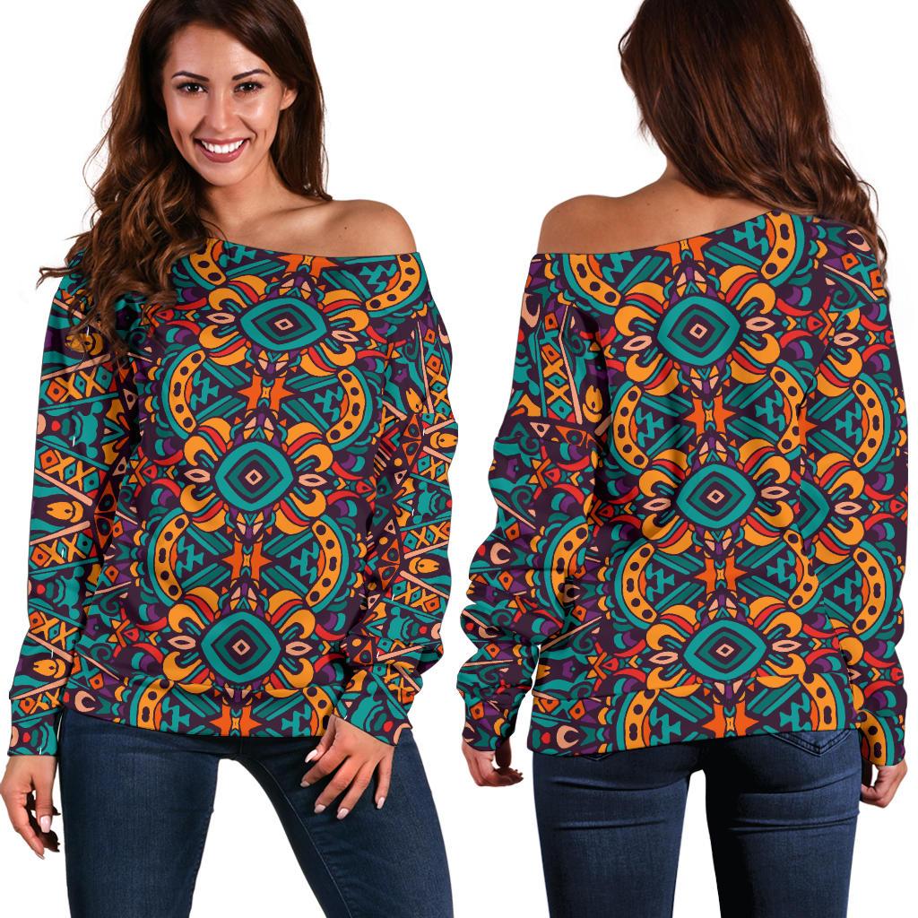 Ethnic Style Print Pattern Off Shoulder Sweatshirt