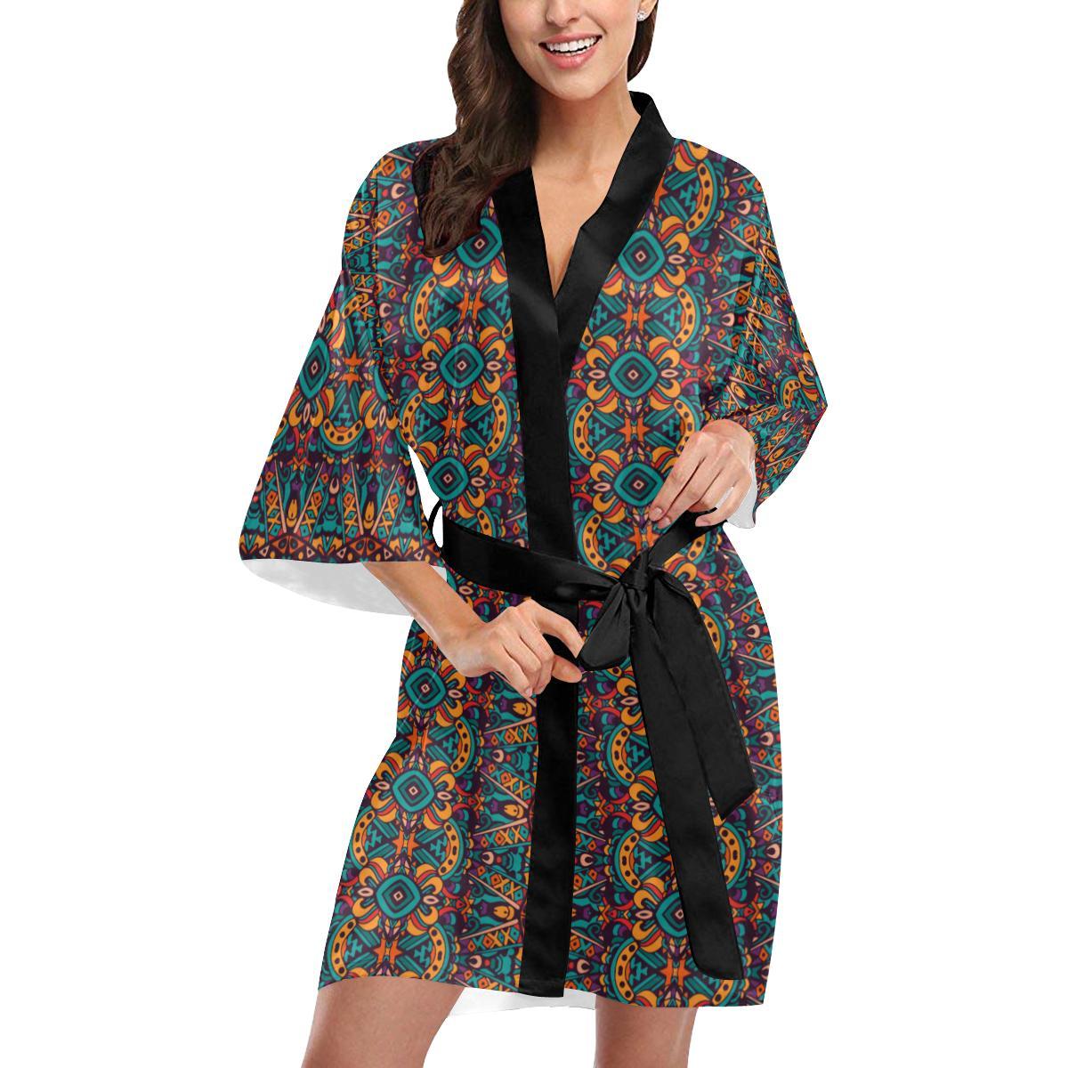 Ethnic Style Print Pattern Women Short Kimono Robe