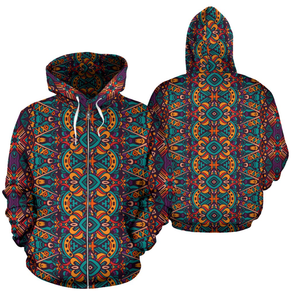 Ethnic Style Print Pattern Zip Up Hoodie