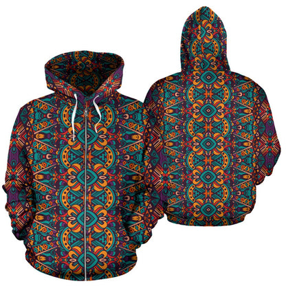 Ethnic Style Print Pattern Zip Up Hoodie