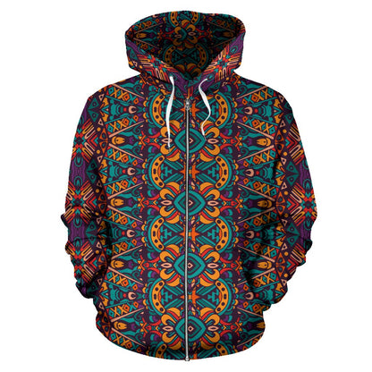 Ethnic Style Print Pattern Zip Up Hoodie