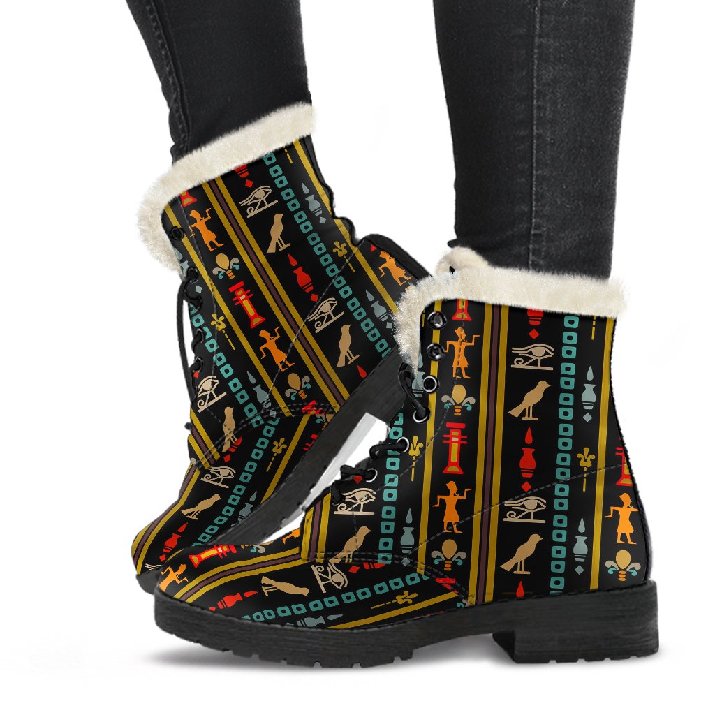 Eye of Horus Egypt Style Pattern Faux Fur Leather Boots-JTAMIGO.COM