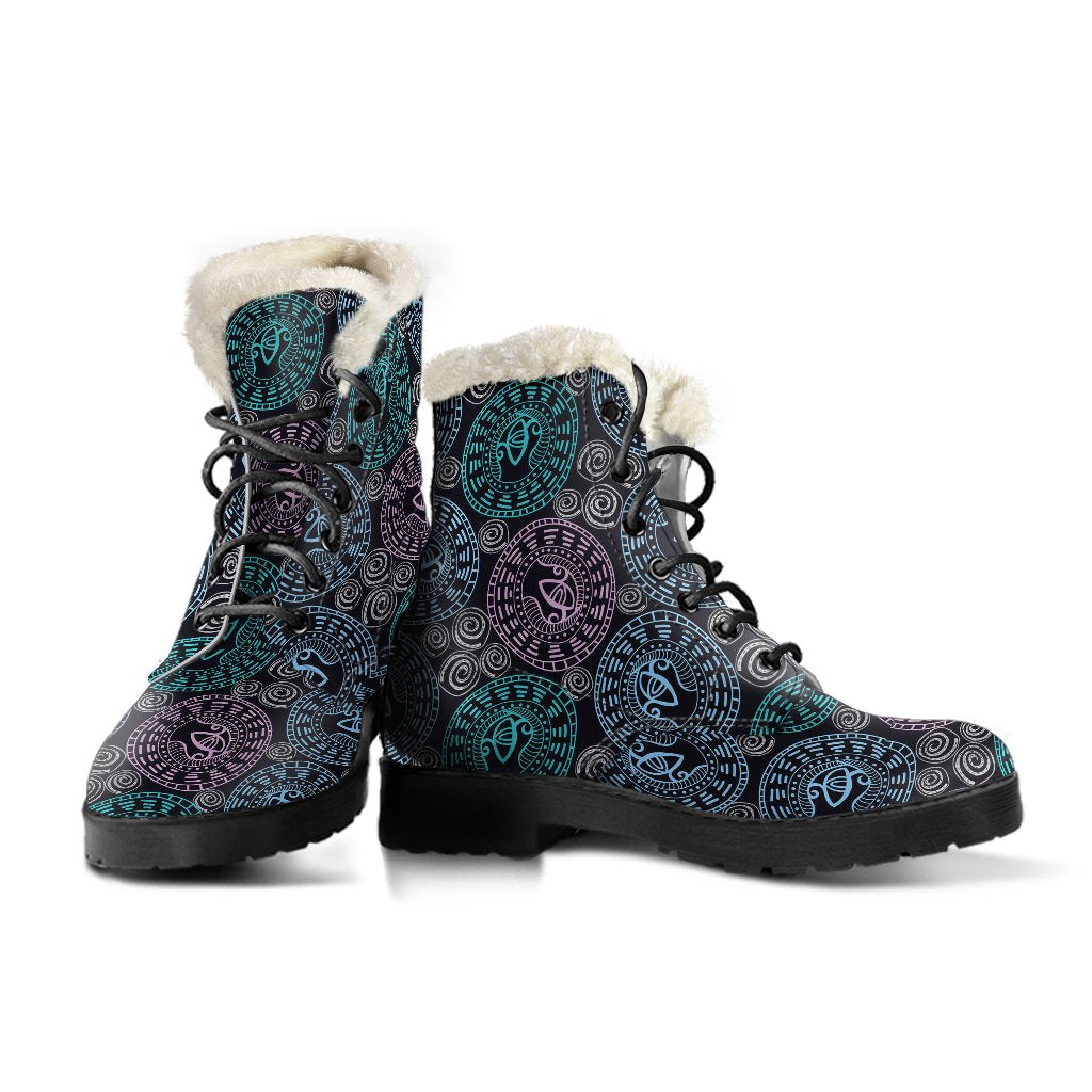 Eye of Horus Ethnic Pattern Faux Fur Leather Boots-JTAMIGO.COM