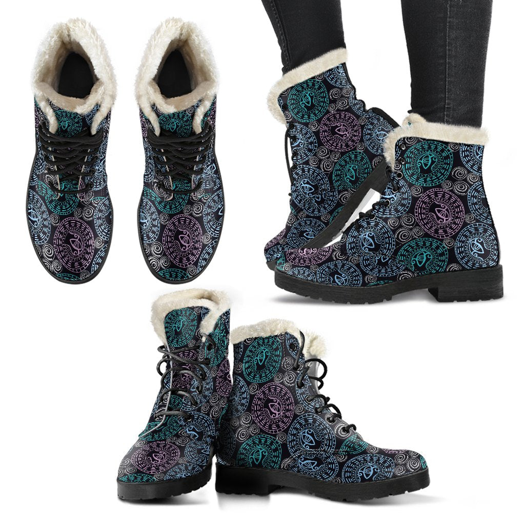 Eye of Horus Ethnic Pattern Faux Fur Leather Boots-JTAMIGO.COM
