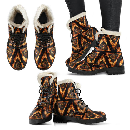 Eye of Horus in Flame Print Faux Fur Leather Boots-JTAMIGO.COM
