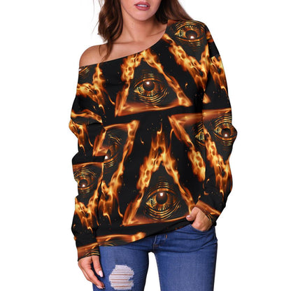 Eye of Horus in Flame Print Off Shoulder Sweatshirt