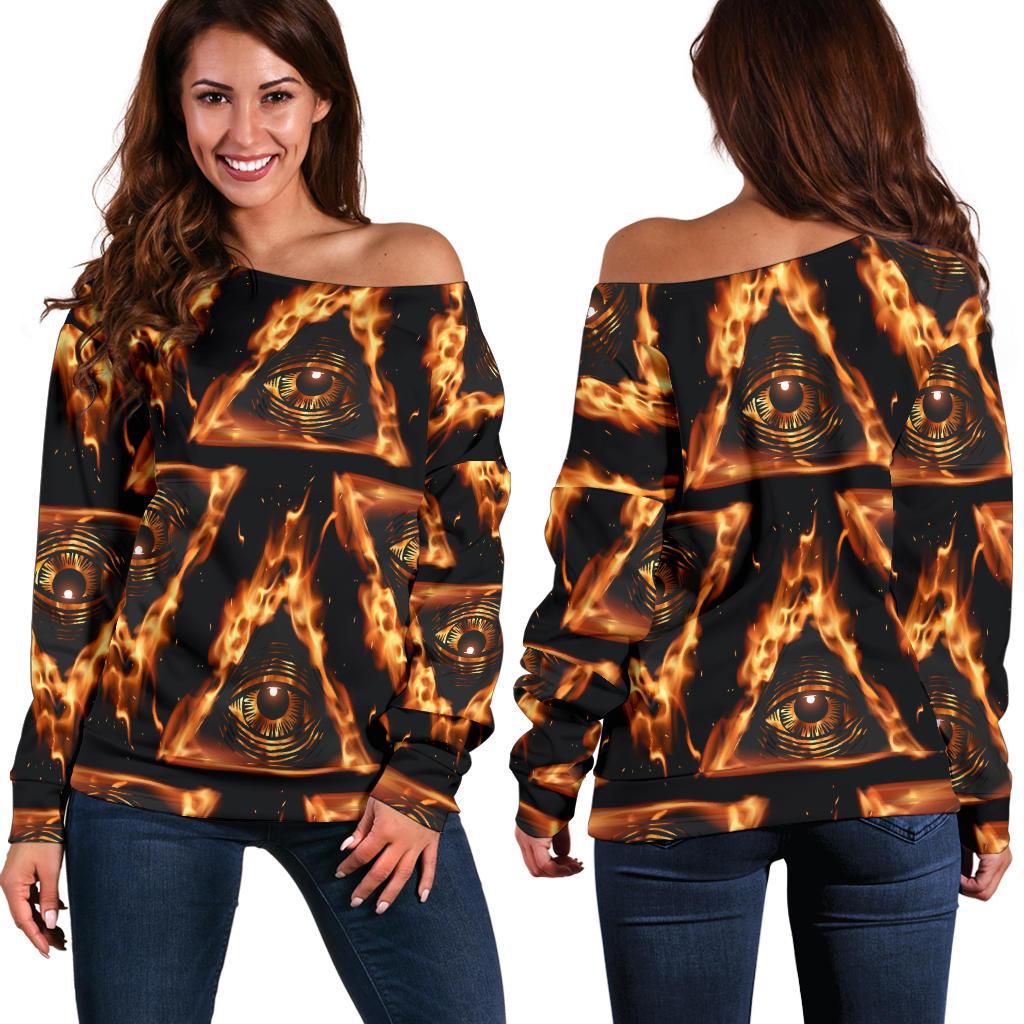 Eye of Horus in Flame Print Off Shoulder Sweatshirt