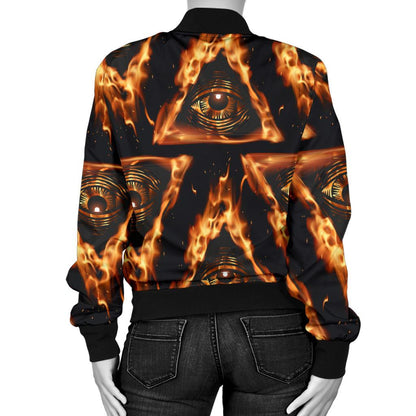 Eye of Horus in Flame Print Women Casual Bomber Jacket