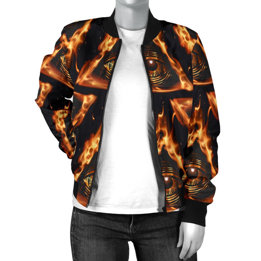 Eye of Horus in Flame Print Women Casual Bomber Jacket