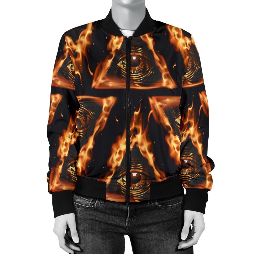Eye of Horus in Flame Print Women Casual Bomber Jacket