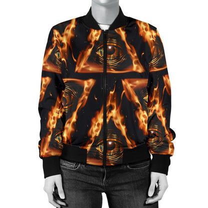 Eye of Horus in Flame Print Women Casual Bomber Jacket