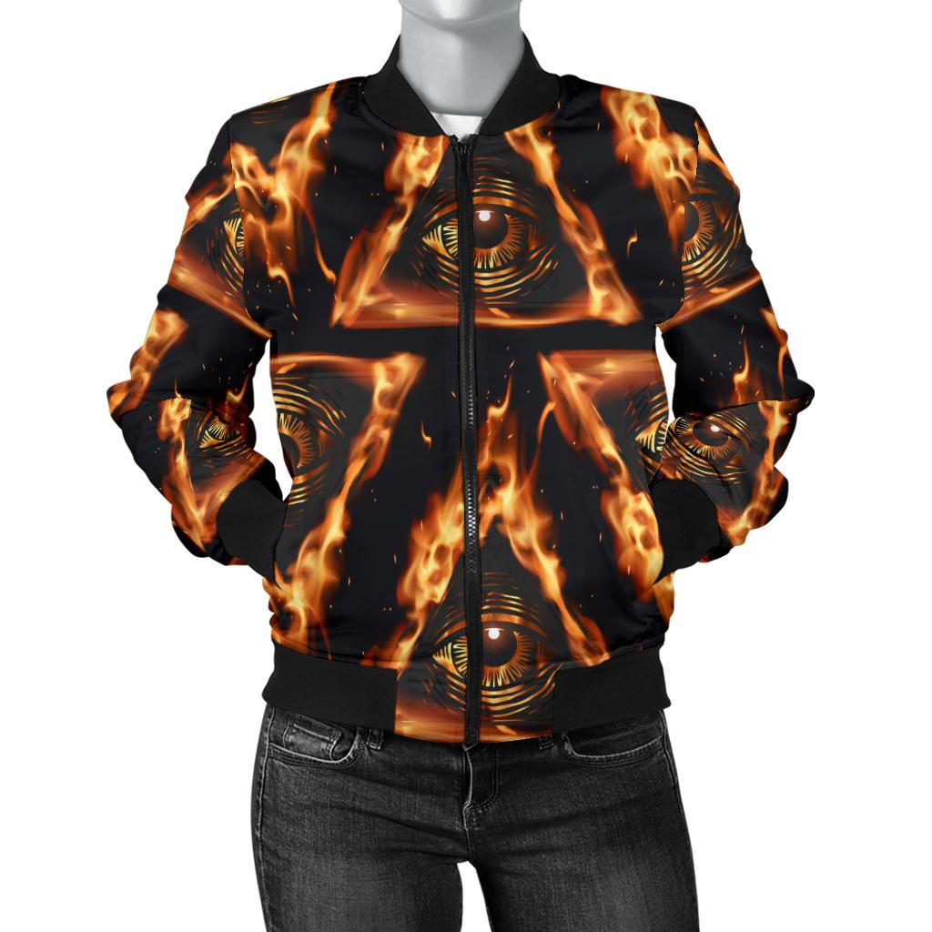 Eye of Horus in Flame Print Women Casual Bomber Jacket
