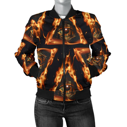 Eye of Horus in Flame Print Women Casual Bomber Jacket
