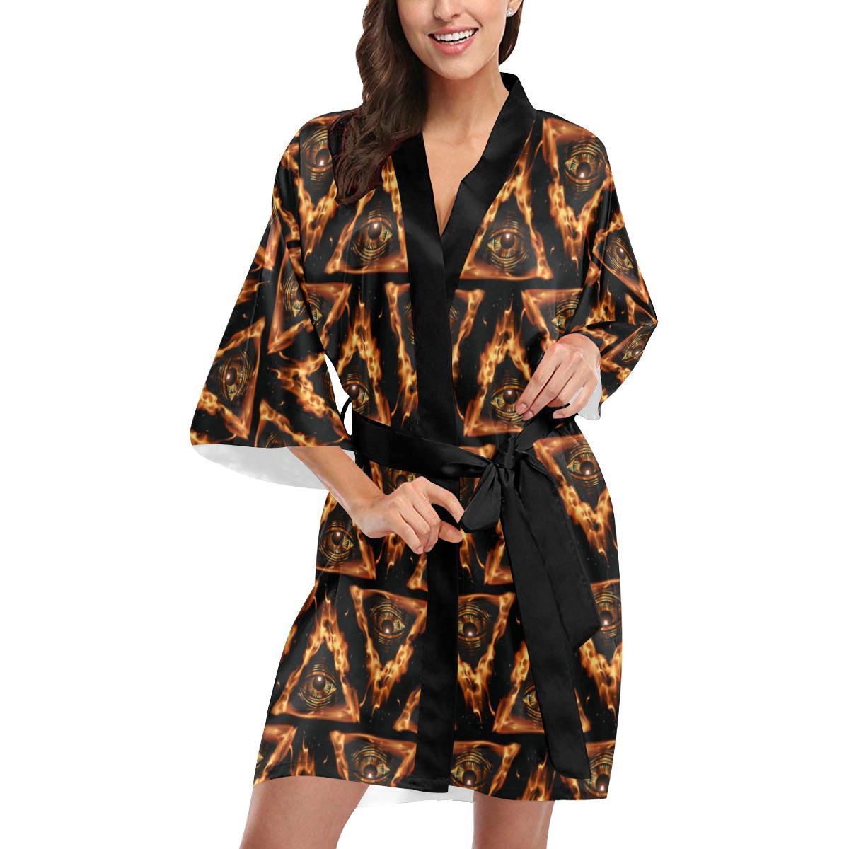 Eye of Horus in Flame Print Women Short Kimono Robe