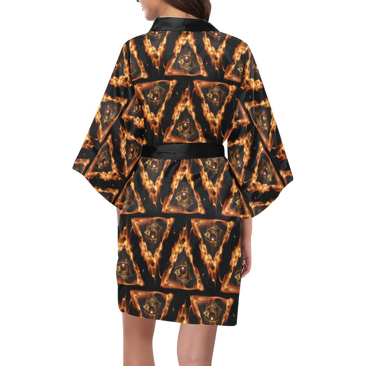 Eye of Horus in Flame Print Women Short Kimono Robe
