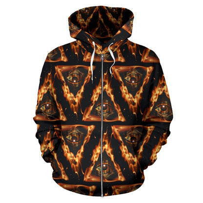 Eye of Horus in Flame Print Zip Up Hoodie