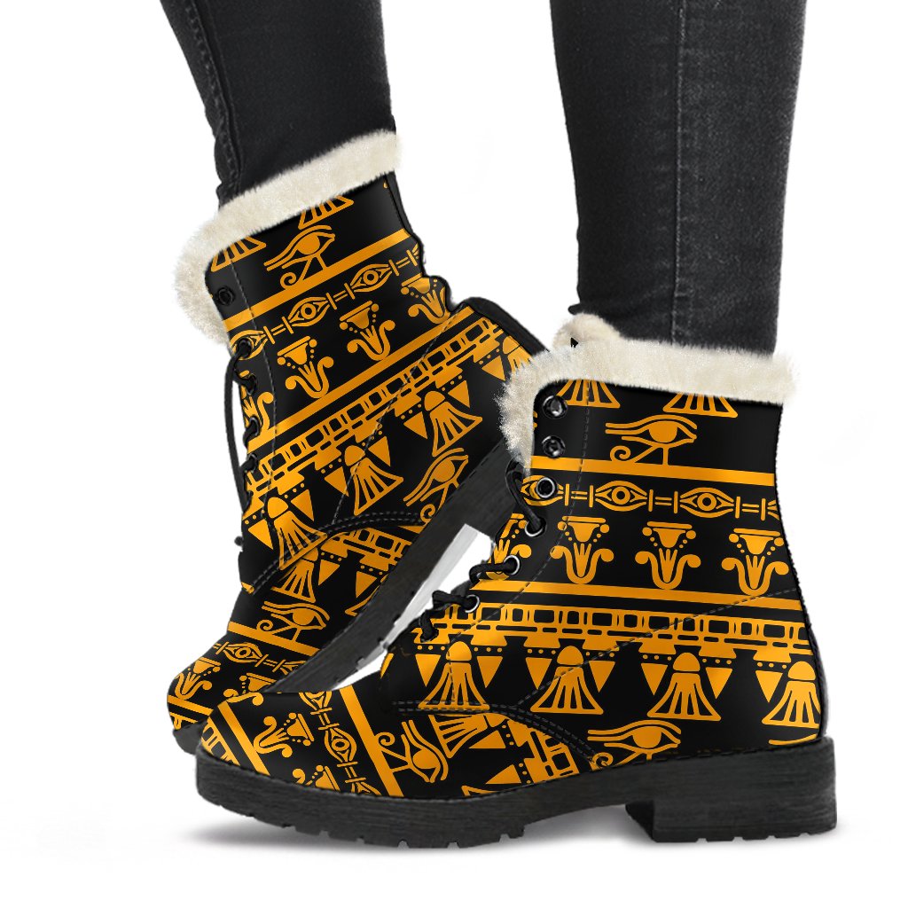 Eye of Horus Tribal Egypt Pattern Faux Fur Leather Boots-JTAMIGO.COM