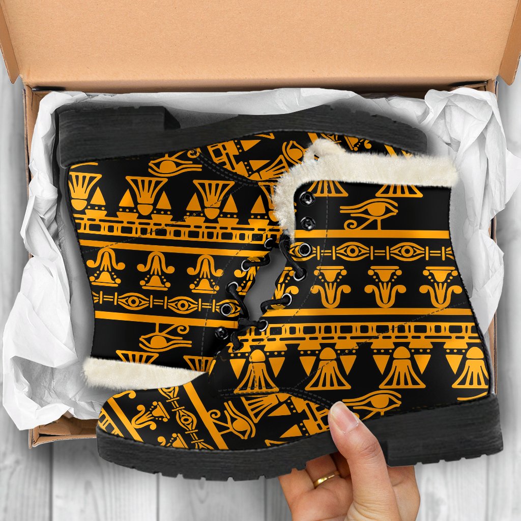 Eye of Horus Tribal Egypt Pattern Faux Fur Leather Boots-JTAMIGO.COM
