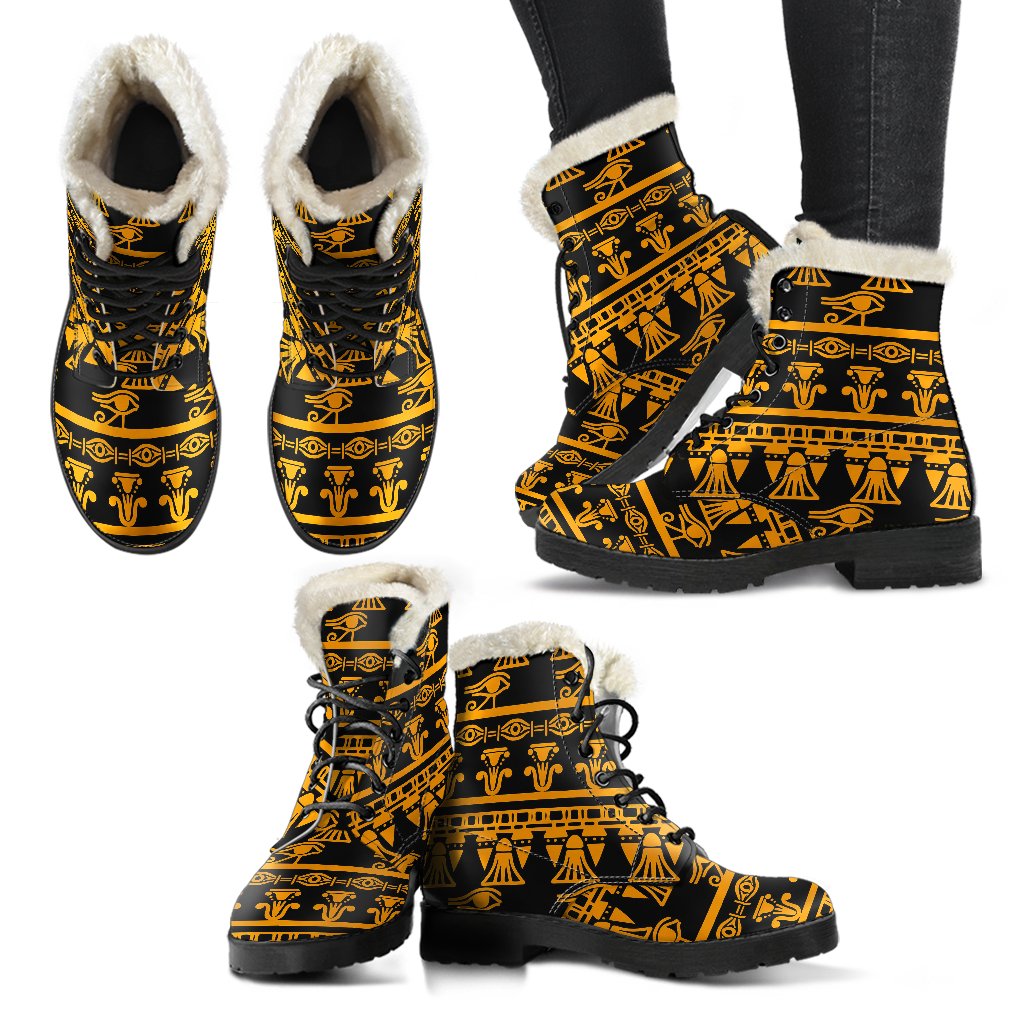Eye of Horus Tribal Egypt Pattern Faux Fur Leather Boots-JTAMIGO.COM